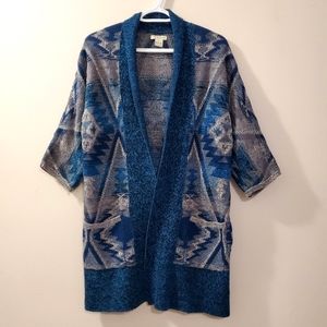 Lucky Brand - Aztec Knit Open Front Longline Cardigan - Size M